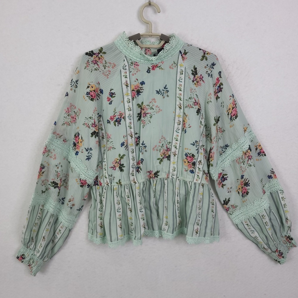 Hemant & Nandit Floral Peplum Blouse Womens M Mint Green Lace Trim Boho Top